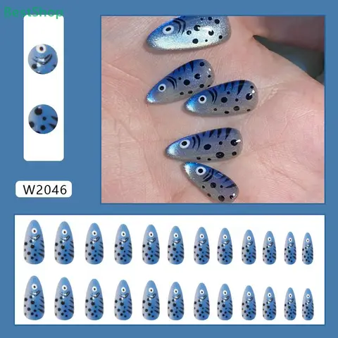 💕Cat Eye Deep Sea Blue Small Fish Print Design European And American INS Style Removable Press-On Nails - 24Pcs