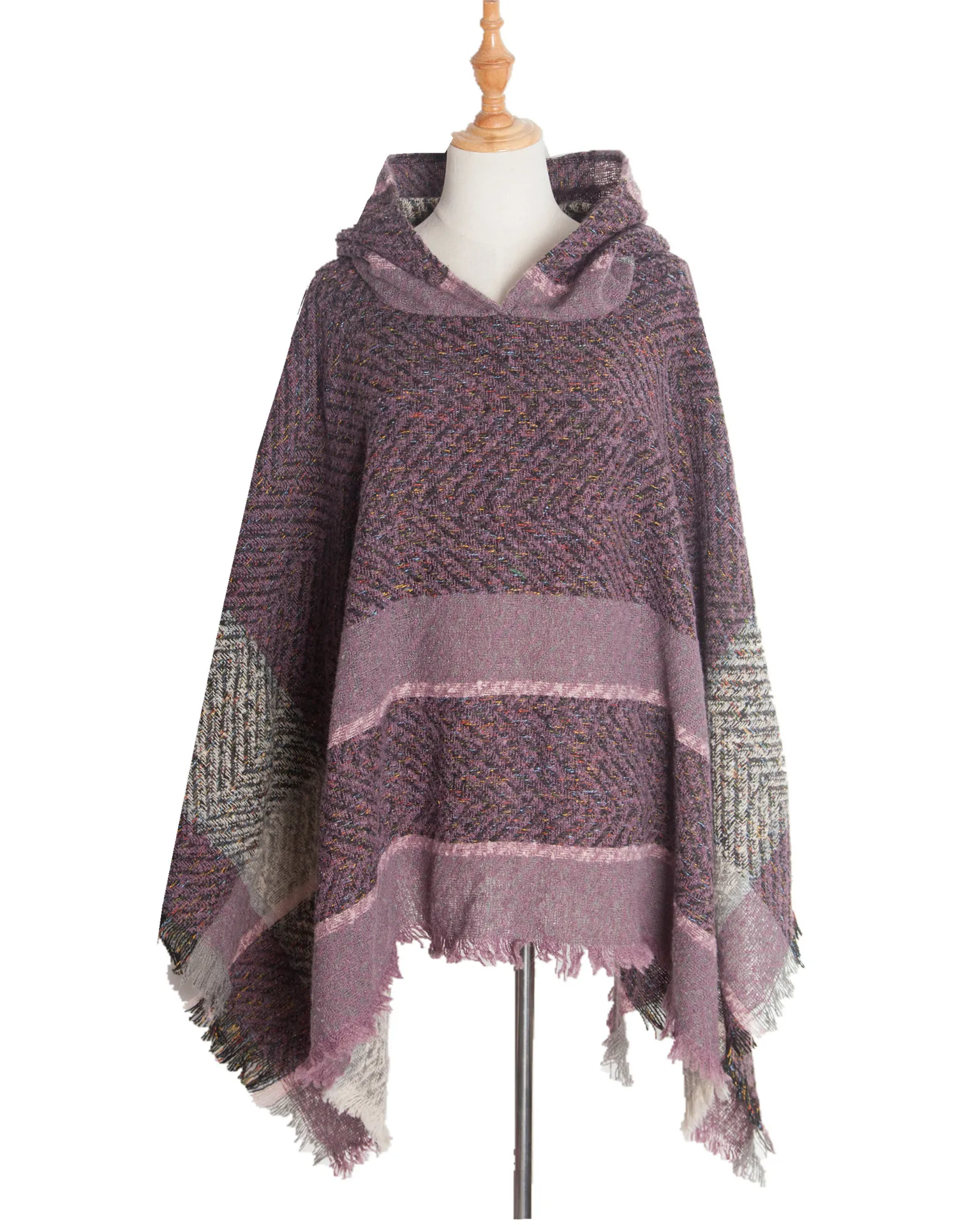 European and American Spring Autumn and Winter Herringbone Pattern Women\'s Hooded Shawl Pullover Cloak
