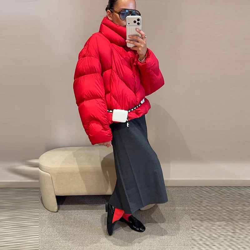 Kurzer Puffer-Wintermantel für Damen, Hochkragen, Gefütterte Jacke, Übergroße Puffige Reißverschlussjacke, Dick, Warm, Lässige Streetwear für Damen – Detail 4