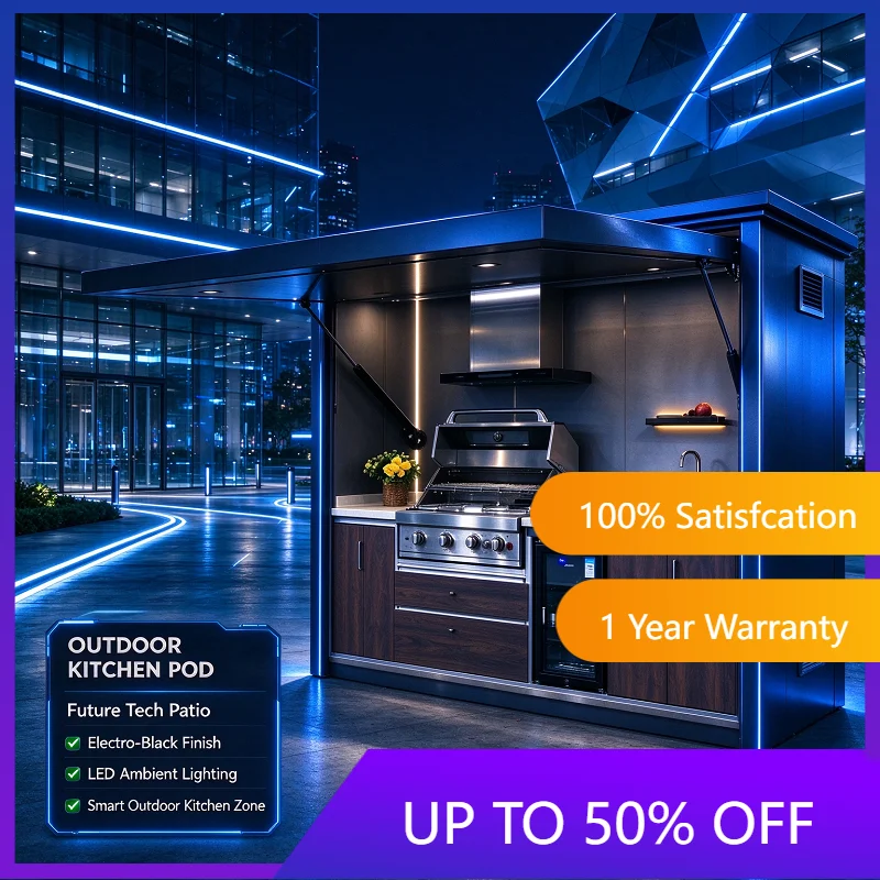 Modular Outdoor Kitchen BBQ Pod Island Grill Station Aluminum Pergola Stainless Steel Cabinet Sink Fridge Shed Patio Area Bar