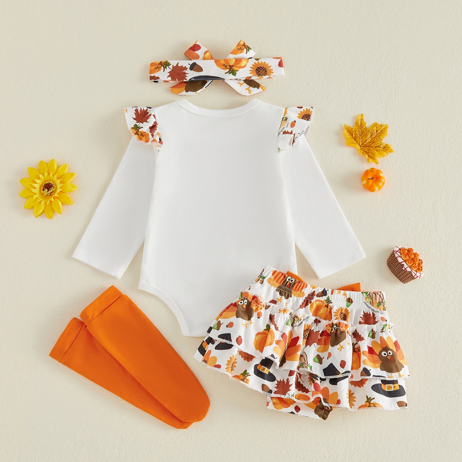 Baby Girls Thanksgiving Outfits Adorable Turkey Letter Print Long Sleeve Jumpsuit and Skort Socks Headband Set