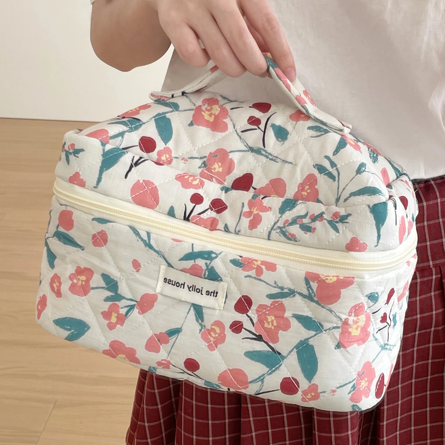 Borsa per il trucco con motivo floreale da donna borsa portatile da viaggio trapuntata ad alta pulizia