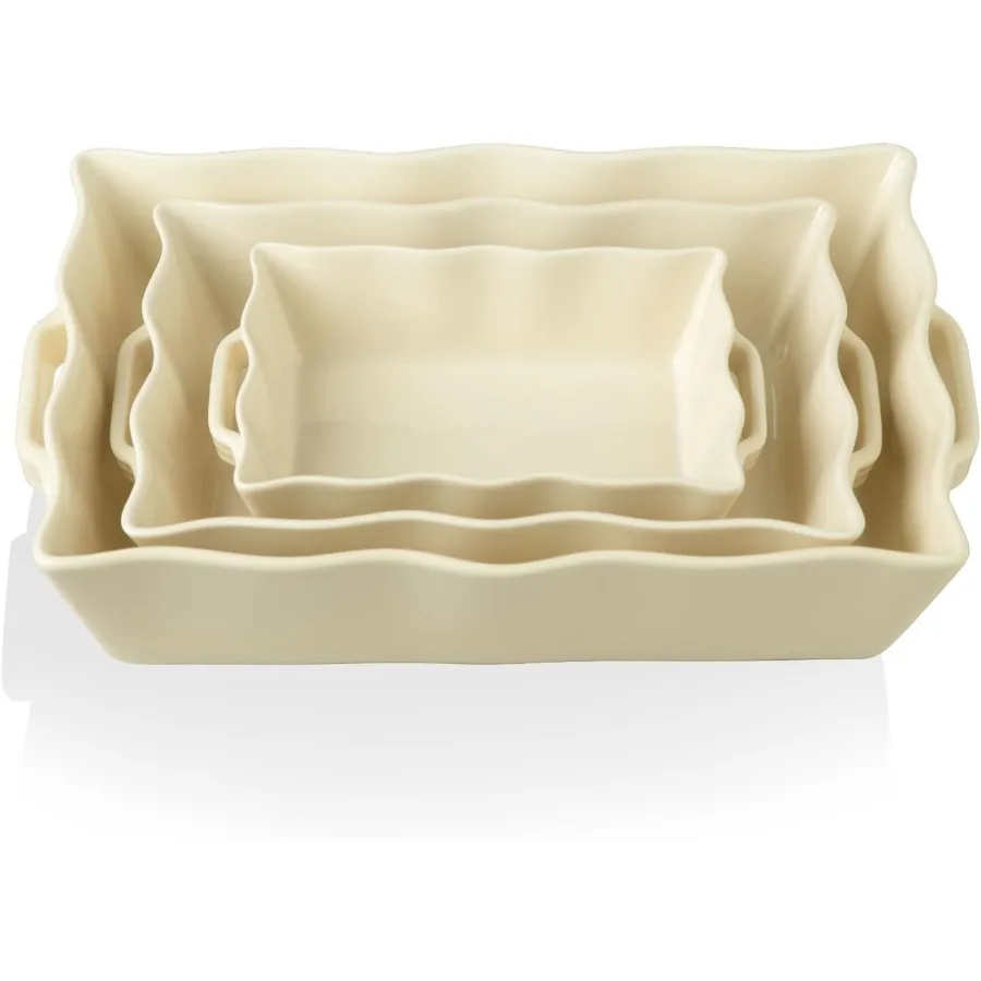 

Casserole Dishes for Oven Ceramic Bakeware Set of 3 Rectangular Baking dish with Handles Wave Edge Lasagna Pan Deep for Cooking