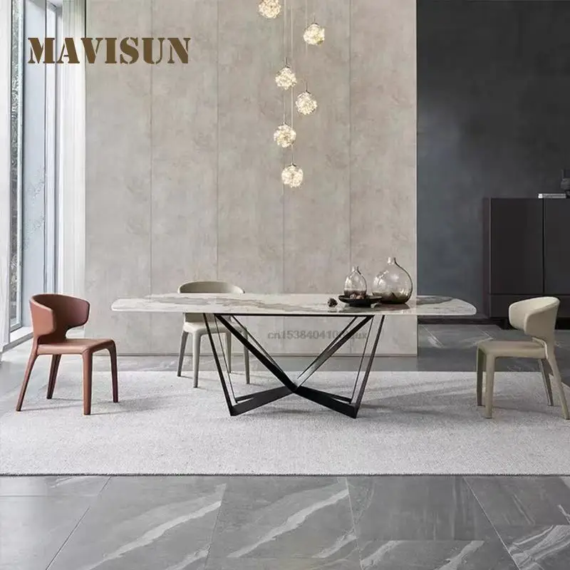 Italian Style Customized 2-meter Rock Plate Dining Table In Gray Kitchen Furniture Designer Rectangle Table Chairs Combination