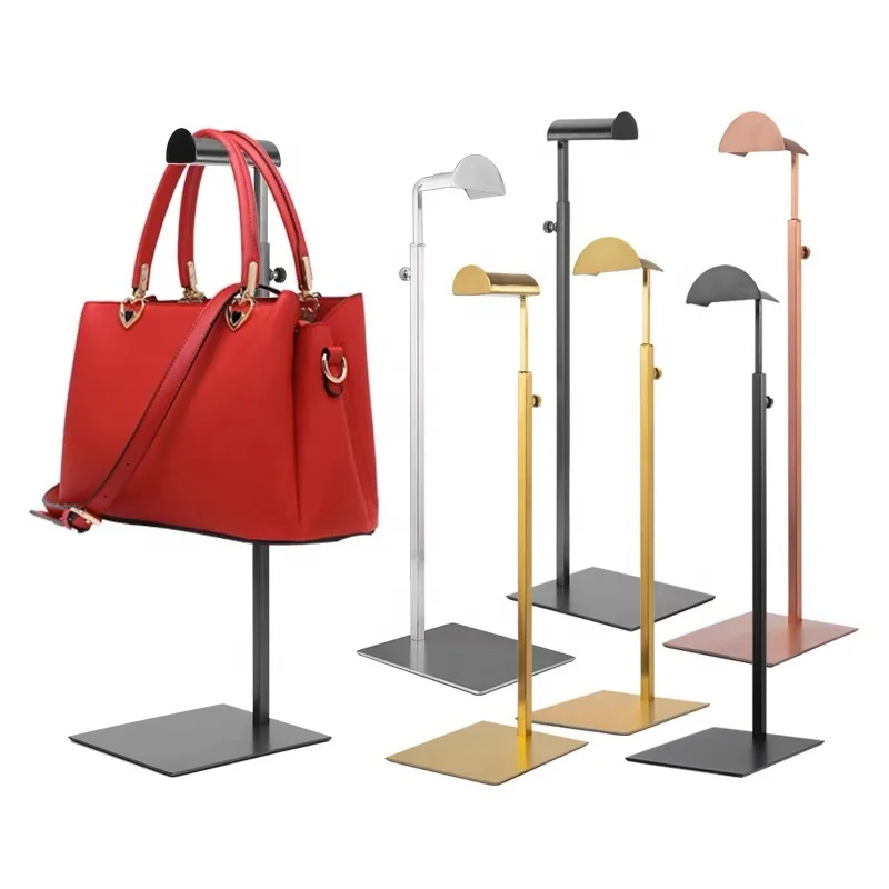 

Customized. hot selling counter top black adjustable single side bag stand stainless steel handbag display rack golden purse hol