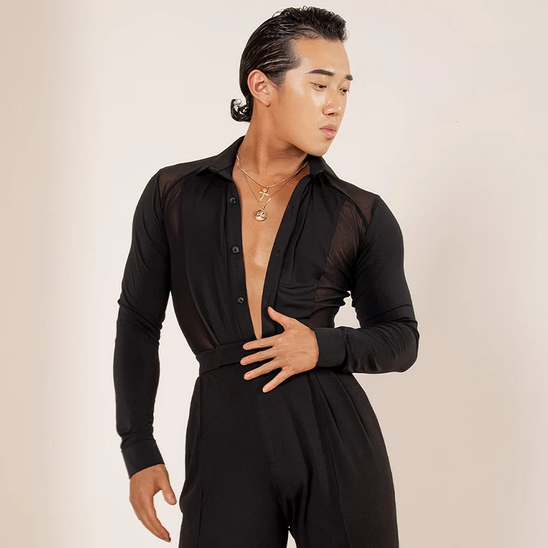 Black Mesh Latin Dance Tops Men V Neck Bodysuit Adult Male Ballroom Dance Performance Costume Cha Cha Rumba Salsa Shirt BL11200