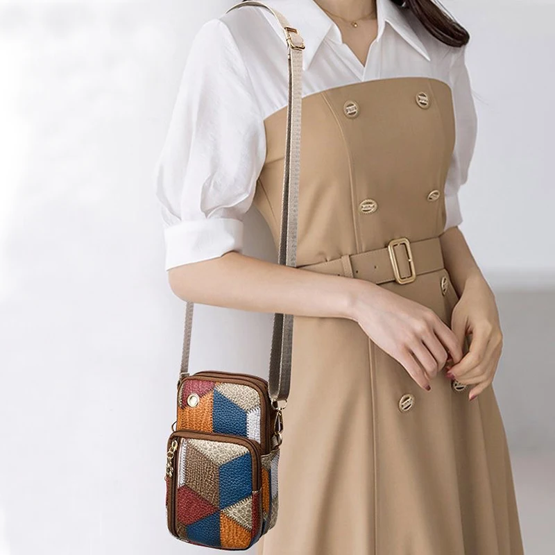 Trendige Patchwork-Umhängetasche mit Rautenmuster, lässige Umhängetasche mit mehreren Reißverschlüssen für Damen zum täglichen Einkaufen und Pendeln – Detail 9