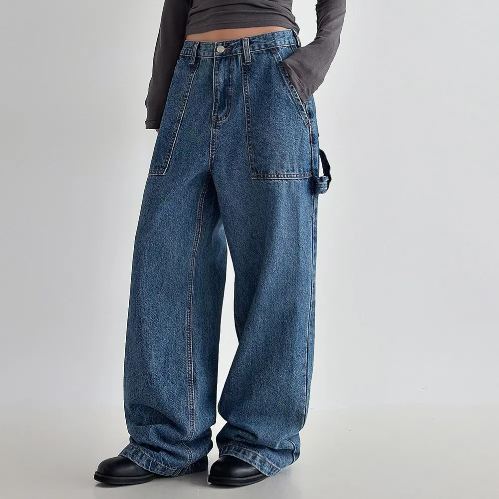 

Universal Four Seasons Loose Fit Korean Style Denim Pants with Big Pockets Casual Workwear Vintage Design Fashionable Versatile