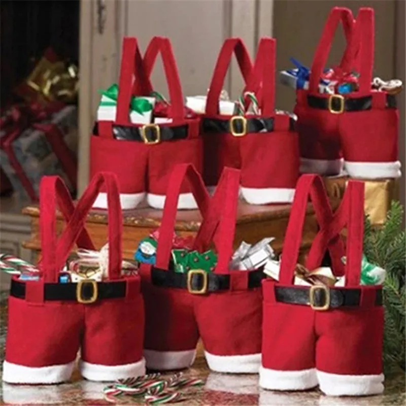 1PC Christmas Buckram Santa Pants Large Handbag Candy Wine Gift Bag Xmas Decor Cheer Gift Treat Candy Wine Bottle Holder