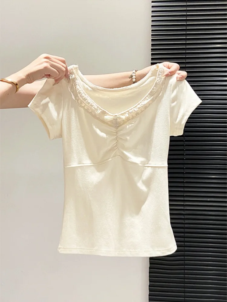 Sweet Style Lace V-Neck Pleated Short Sleeve T-Shirt Women's Summer New Gentle Atmosphere Slimming Pure Desire Short Top