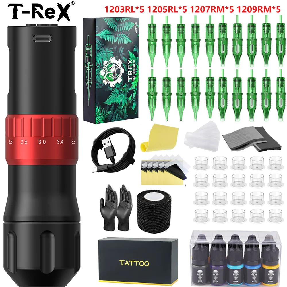 Tattoo Kit T-rex Tattoo Machine Wireless Rotating Tattoo Gun Kit, New Cool Tattoo Pen Kit 7 Segment Stroke Length Adjustment