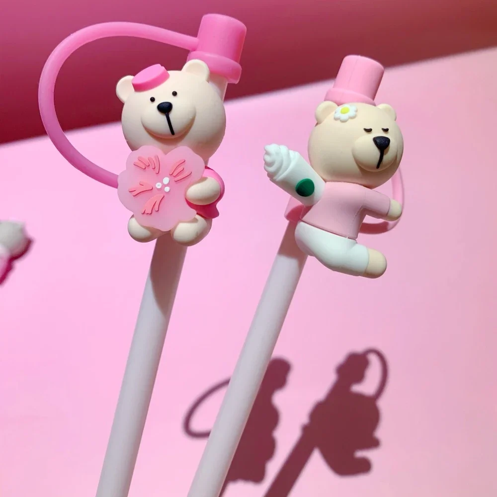 1PC Pink Bear Straw Stoppers for 6-8mm Straws Silicone Straw Cover Caps Dust-Proof Kawaii Cartoon Bottle Stopper