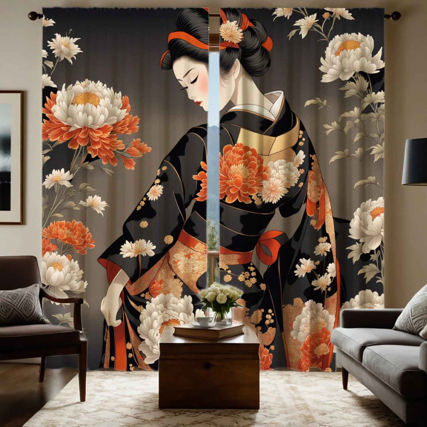 Japanese Geisha Curtains Kimono Art Window Drapes Traditional Design Home Decor Oriental Theme Living Room