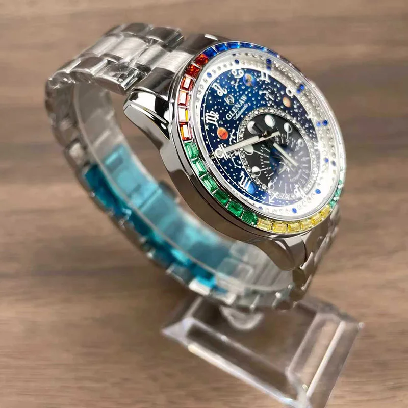 GLENAW Design Constellation Rotating Dial Mechanical Watch Men Diamond Stainless Steel Waterproof Luminous Men Watches