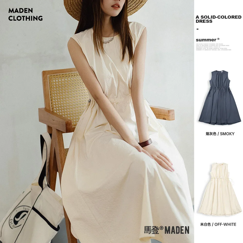 Maden Women's Sleeveless Solid Color Long Dress Summer Girls' Feeling Beach Vacation Dress Crowd Design Casual