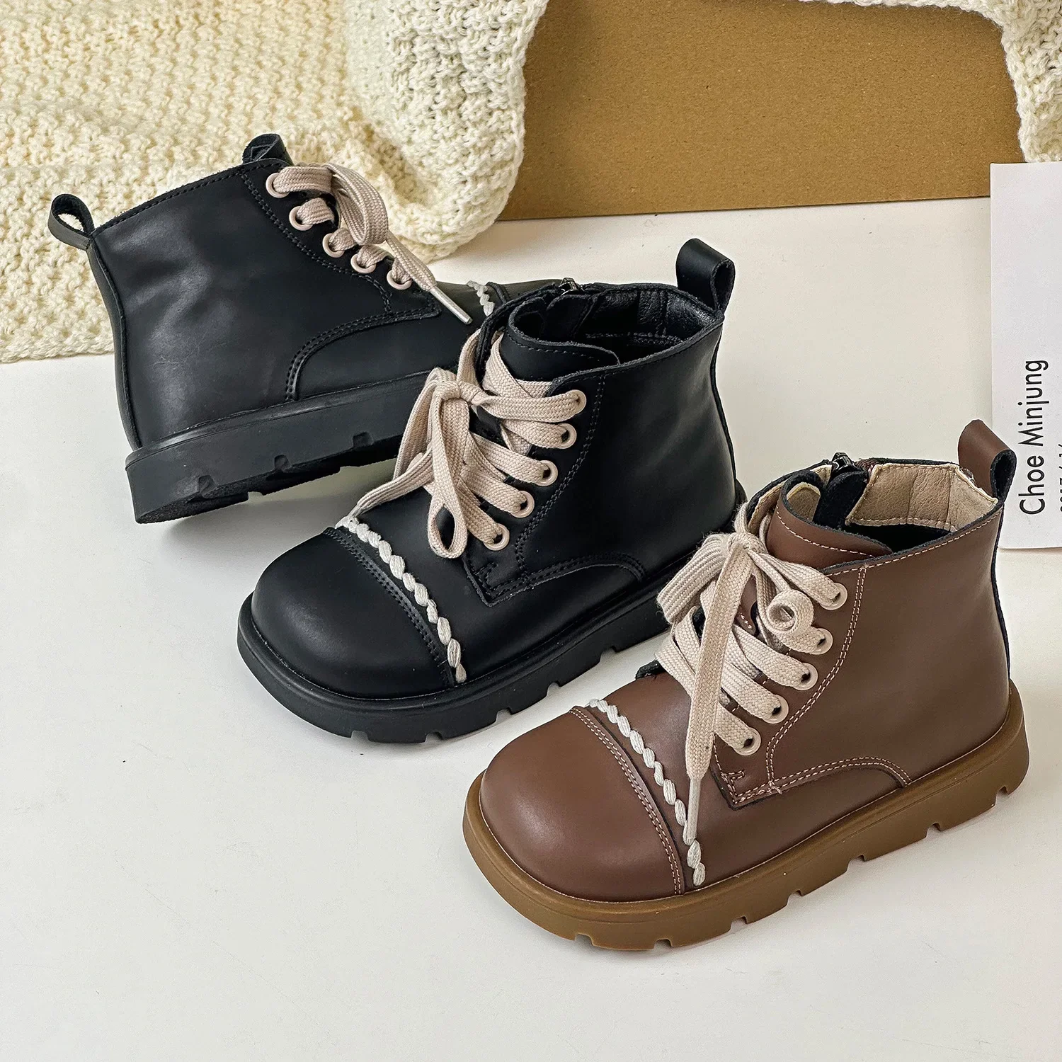 

Kids Leather Shoes Boys Girls British Style Simple Side Zipper Design Non-Slip Short Boots Martins Boots