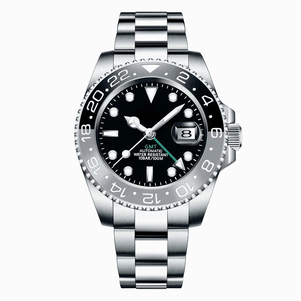 Orologi GMT da uomo Orologio meccanico automatico, cassa in acciaio inossidabile 904L, vetro zaffiro, ceramica blu nera 40 mm