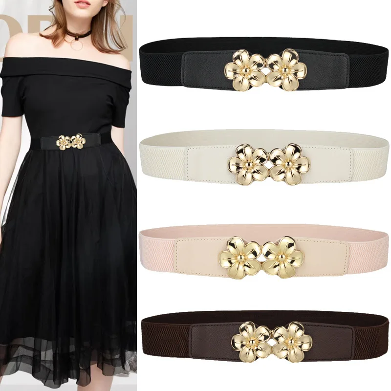 1 new gold flower elastic waist seal belt women's dress coat decorative belt pink fashion versatile