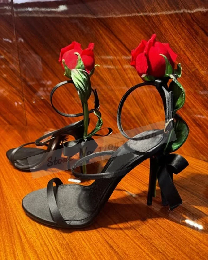 Women 3D Green Leaf Red Rose Heel Sandals Black Satin Narrow Band High Heel Shoes Stiletto Heels Blossom Floral Wedding Shoes