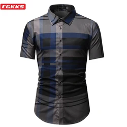 FGKKS 2023 Summer Short Sleeve Shirts for Men Fashion Tops Shirt Brand Striped Plaid Shirt Male