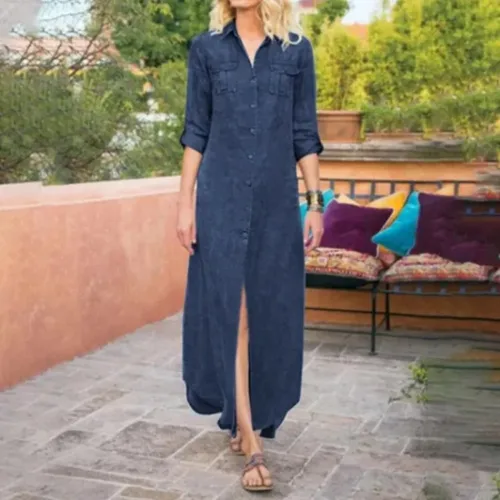 Imagen 2 del producto Vestido vaquero largo informal de talla grande para mujer, de Color liso con cuello vuelto L-5XL holgado, botones, manga larga y bolsillo, Verano