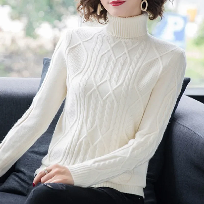 

Turtleneck Woolen Sweater Women's Outer Wear Autumn Winter New Pullover Sweater Warm Loose Solid Color Knitted Base Shirt