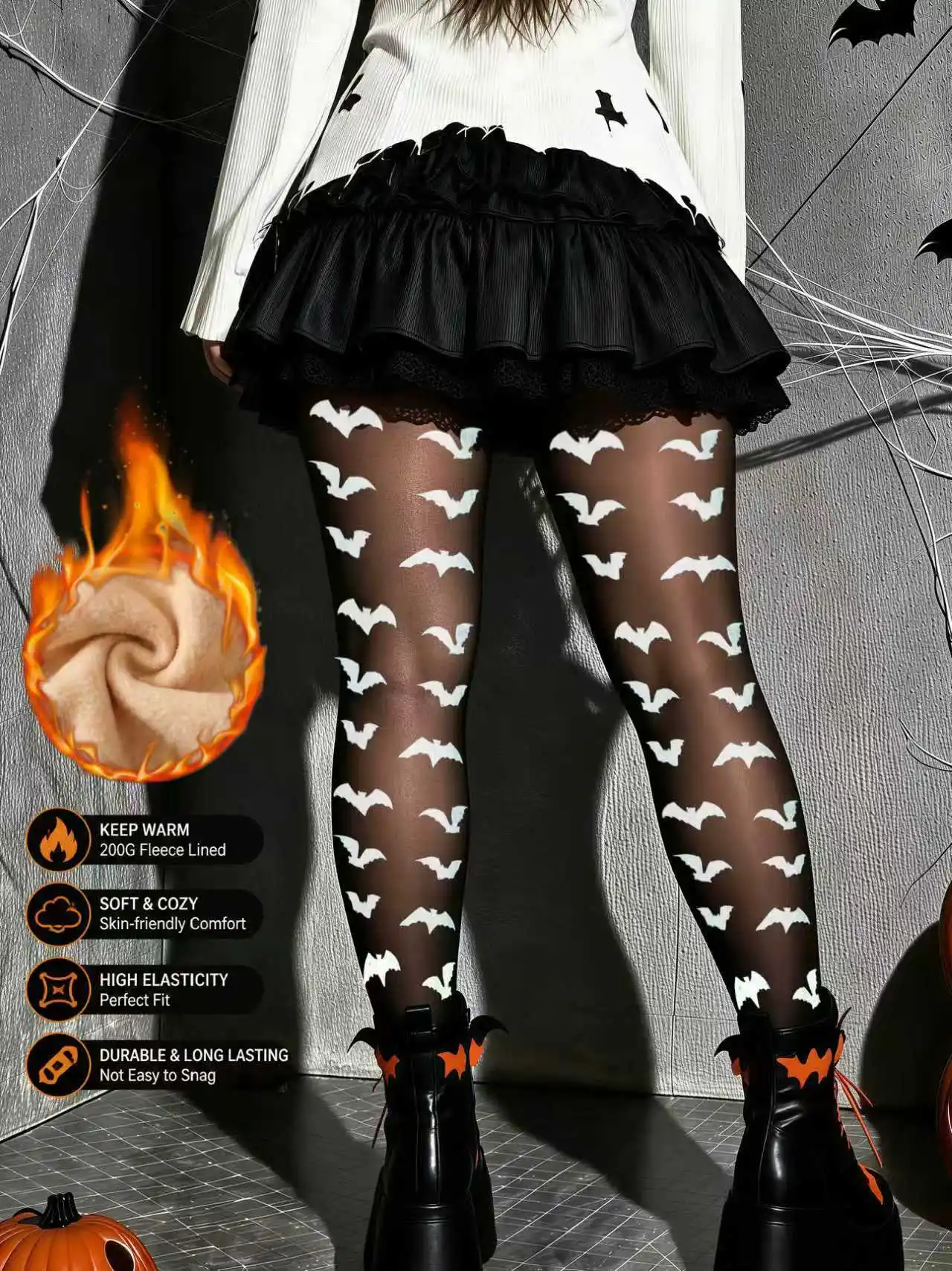 Women's Fall/Winter Fleece-Lined Warm White Bat Print Knit High Waist Leggings, Cozy Comfortable Tights for Daily Outing