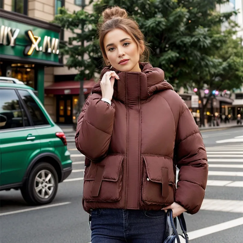 2024 Fashion New Women\'s Parkas Winter Hooded Short Long Sleeve Down Cotton Jackets Female Loose Overcoat Outwear Ladies Coat