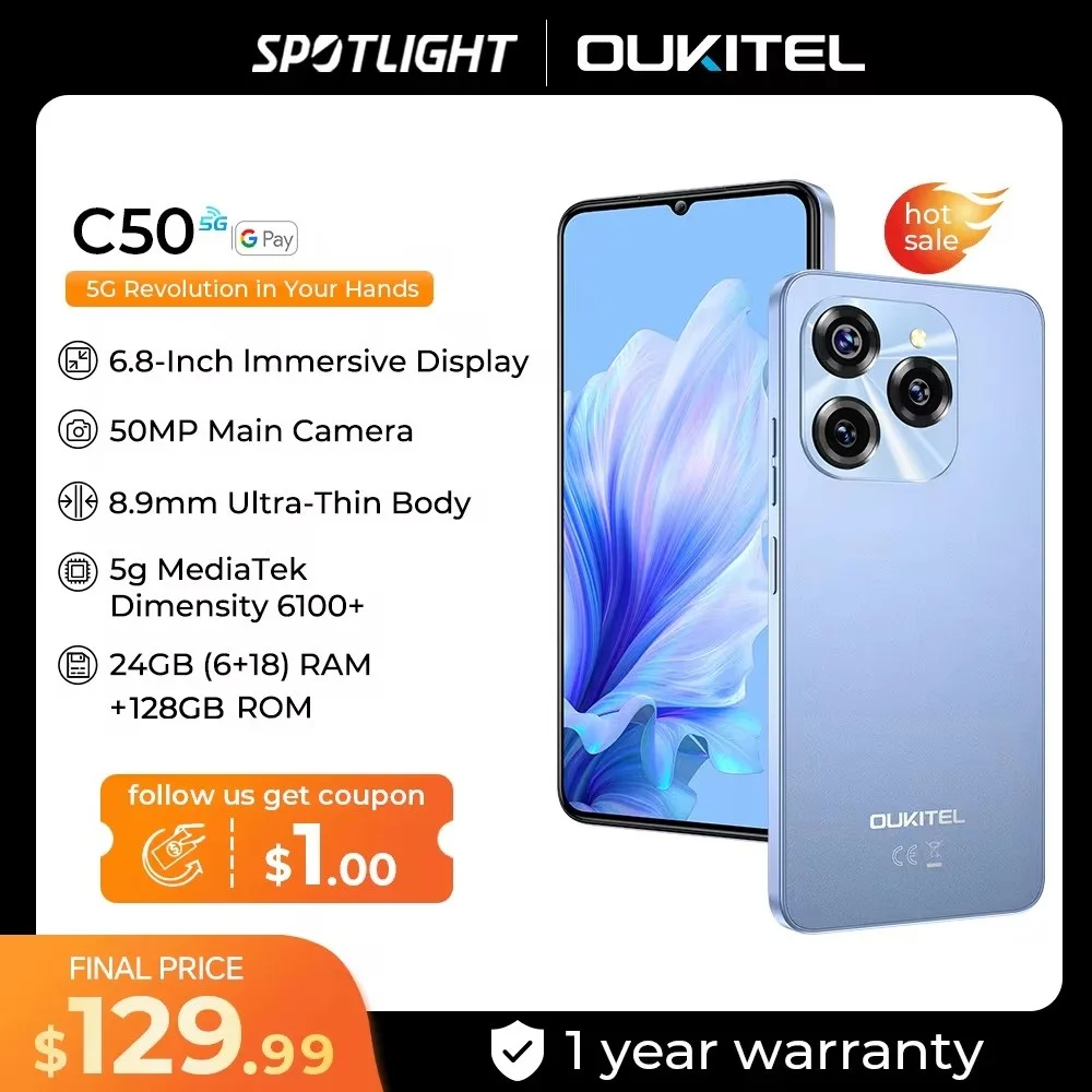 [World Premiere] Oukitel C50 5G Smartphone 6.8“ HD+Water drop screen 5150mAh 24GB+128GB Mobile Phone 50 MP Cell Phone