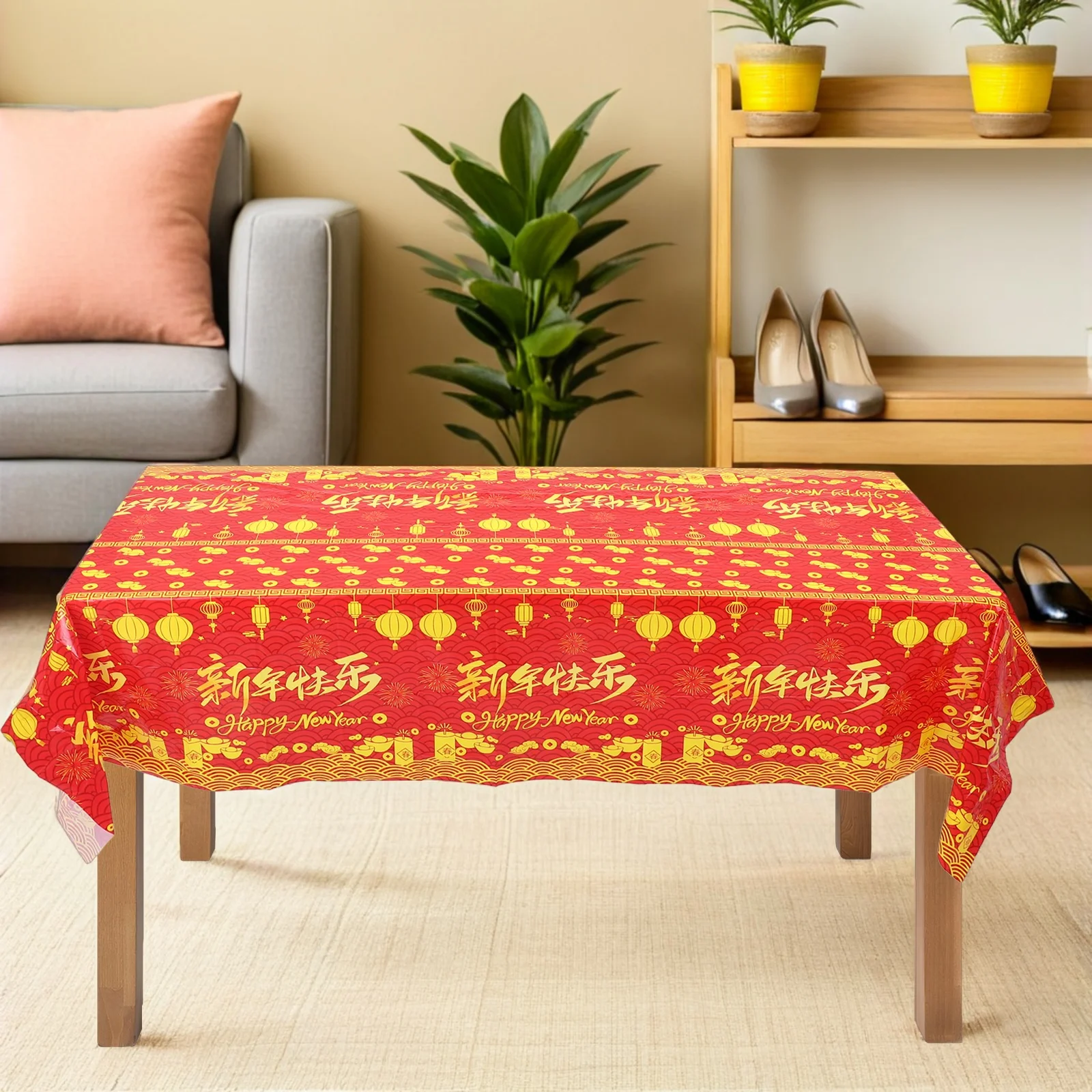 

2pcs New Year Party Tablecloth Red Rectangular Plastic Cover 2026 Horse Year Design Washable For Spring Festival Wedding
