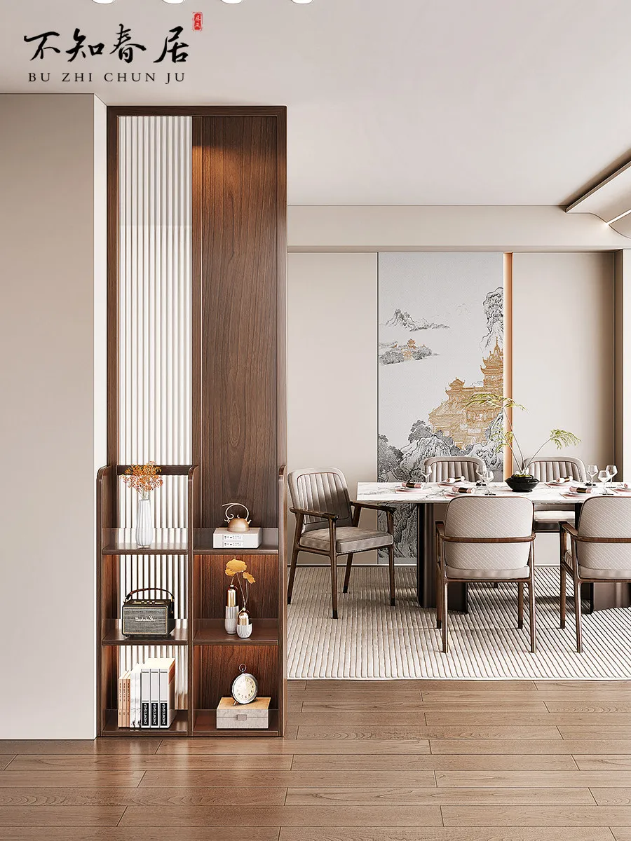 New Chinese screen partition, living room entrance entrance solid wood glass home dining room, facing the door to block
