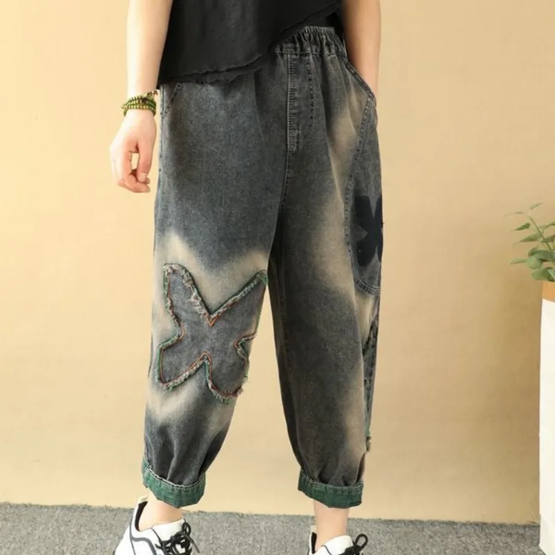 2024 Summer New Retro Ethnic Style Printed Distressed Tassel Women\'s Loose Large Size Pockets Spliced Curled Harlan Denim Pants