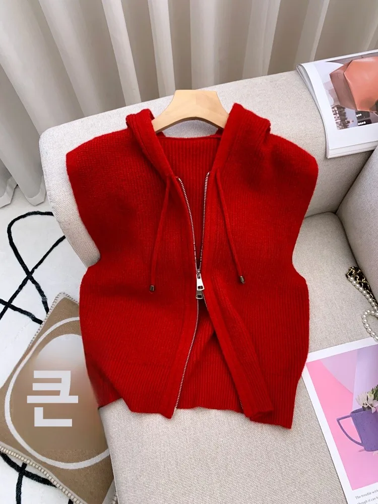 

Cisai Knitted Vest Cardigan ort Hooded Women's Faion Layering Sweater oulder Pad Autumn New Arrival Casual Sle