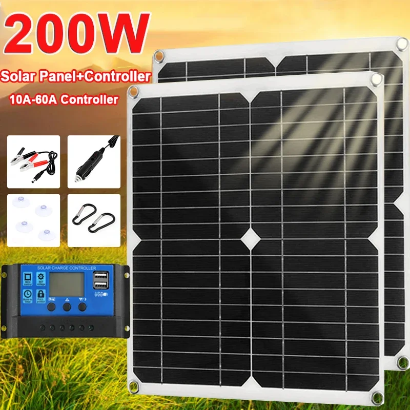 200W Solar Panel Kit 18V Solar Cell with 10-100A Controller Solar Plate for Phone RV Car MP3 PAD Charger Outdoor Battery Supply