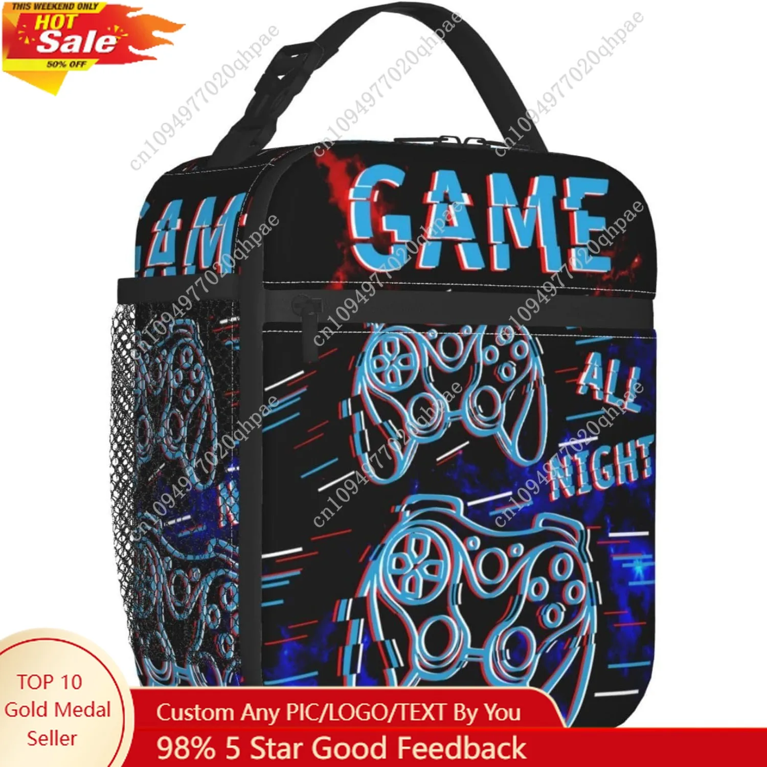 

Fdnupian Red Blue Video Game Controller Insulated Lunch Bag Portable Lunch Box Reusable Totes For Women Men