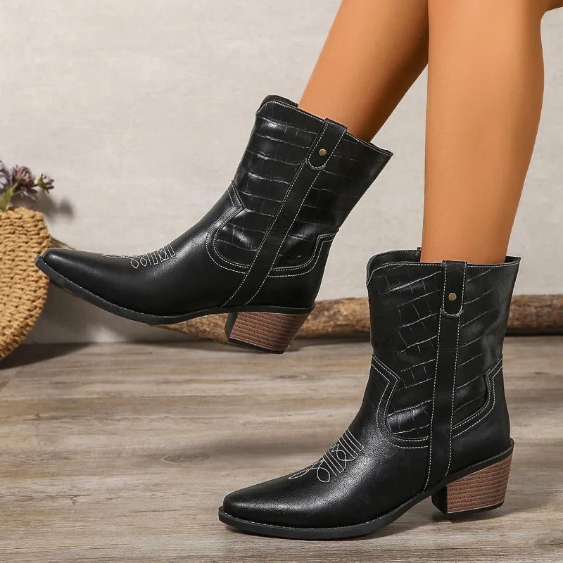 Women's Boots Fashion Pointed Toe Mid-Calf Boots Retro Western Cowboy Boots Classics Embroidered Leather Boot Women Knight Boot