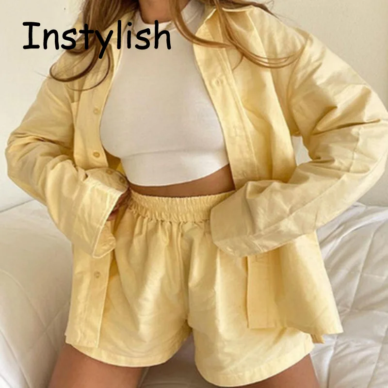 Elegant Striped Shirt Two Pieces Sets Causal Cotton High Wasit Shorts Simple Chic Women Suits Tracksuit Summer Blouse Outfits