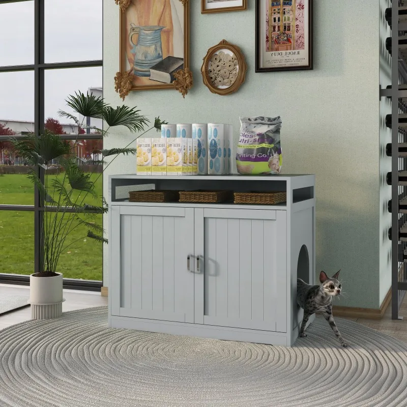 

2 Doors,Indoor Cat Washroom Storage Bench Side Table Cat House, Large Wooden Enclused Litter Box House, Grey