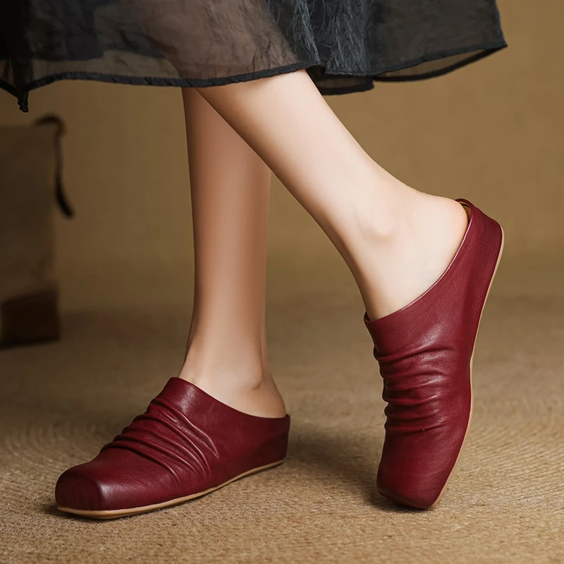 

Women's new summer genuine leather pleated horsehide square toe comfortable mid heel toe toe M ü ller shoes fashion slippers