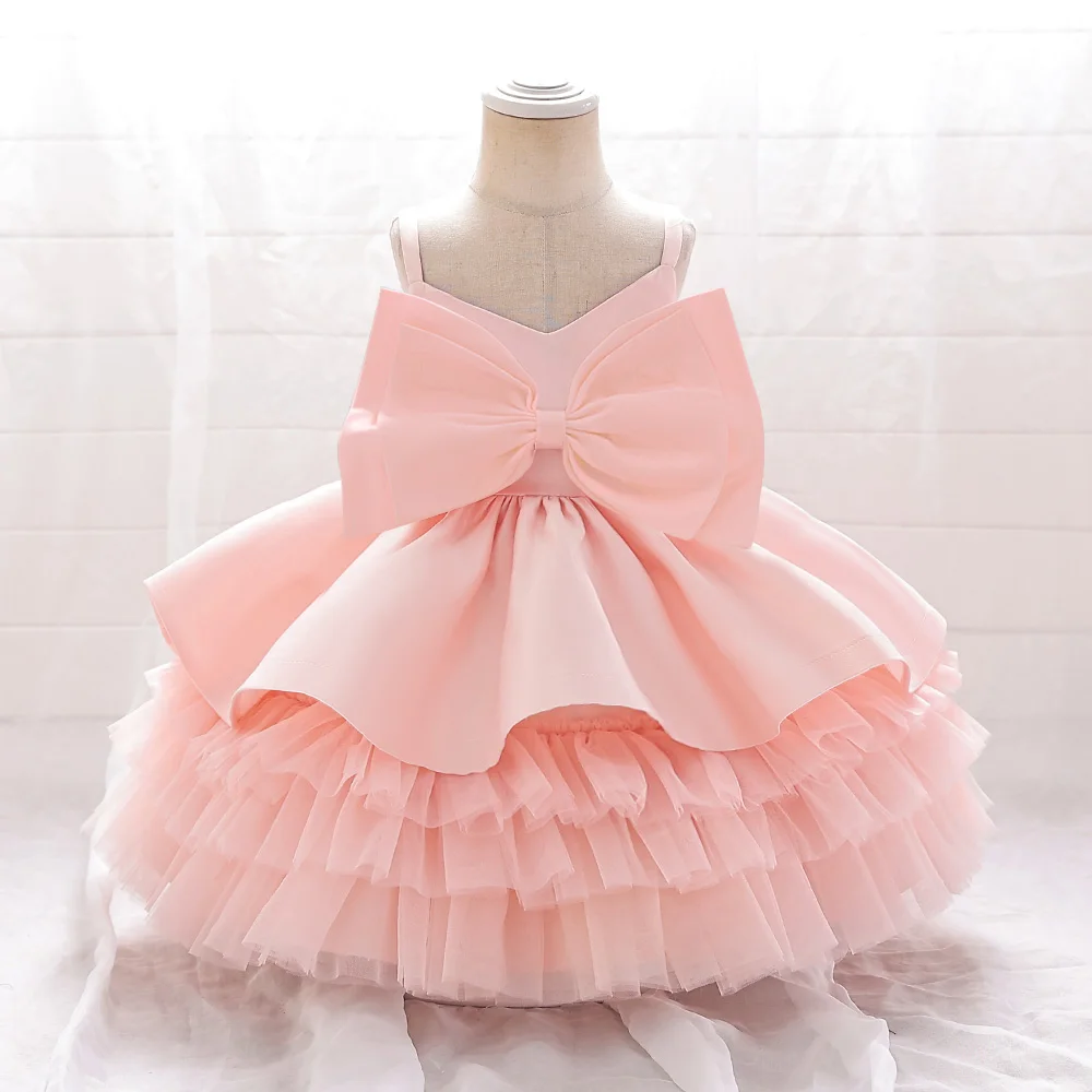 Barbie Pink Big Bow Baby Girls Party Dress Toddler 1st Birthday Baptism Princess Dresses for Girl Wedding Bridemaid Kids Clothes