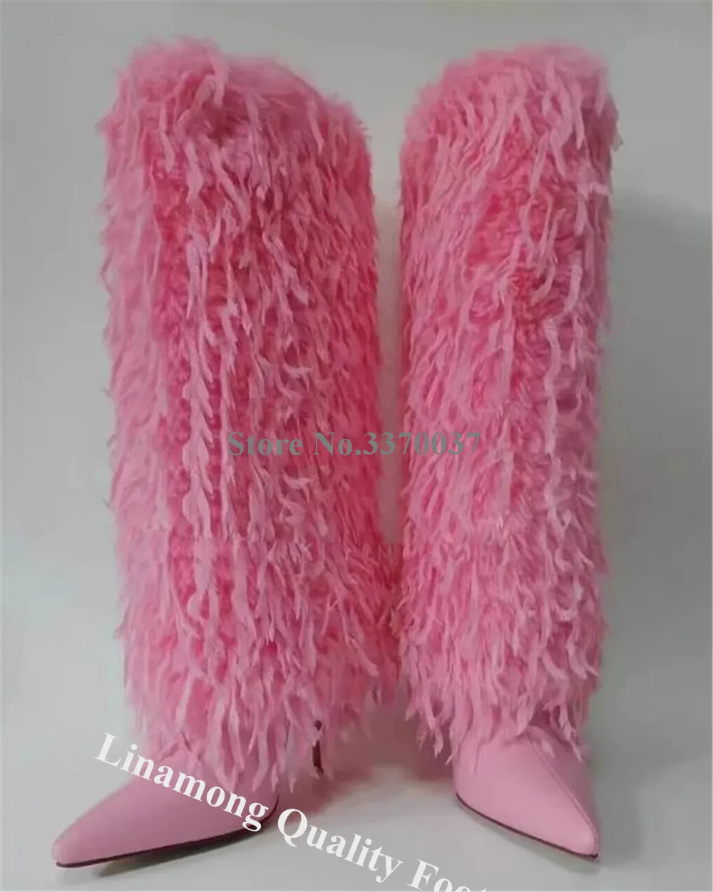 Linamong New Fashion Long Fringes Fur Thin Heel Knee High Boots Black Pink Yellow Stiletto Heel Long Boots Big Size