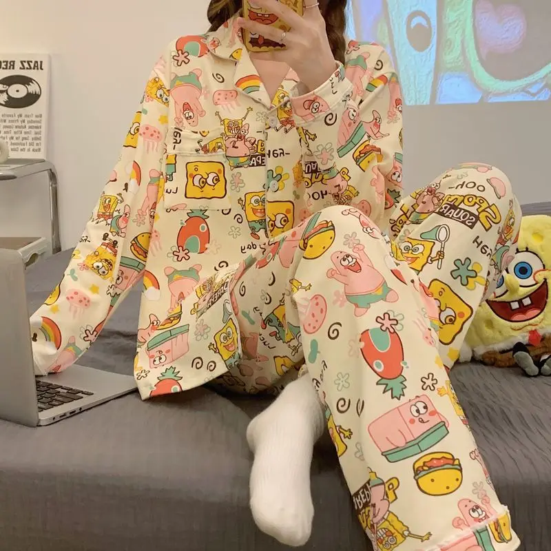 طقم بيجامة SpongeBob SquarePants للسيدات بأكمام طويلة وسراويل صوفية على طراز الرسوم المتحركة ونجمة كبيرة للخريف والشتاء لطيف