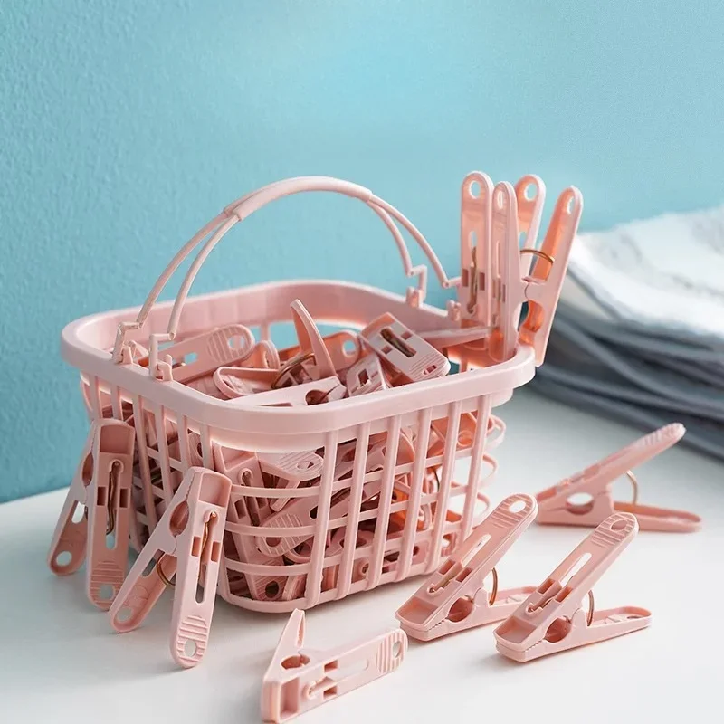 30pcs Windproof Clothespins Plastic Clothes Pins with Storage Basket Hanging Socks Underwear Clothes Clips Clothesline Hanger