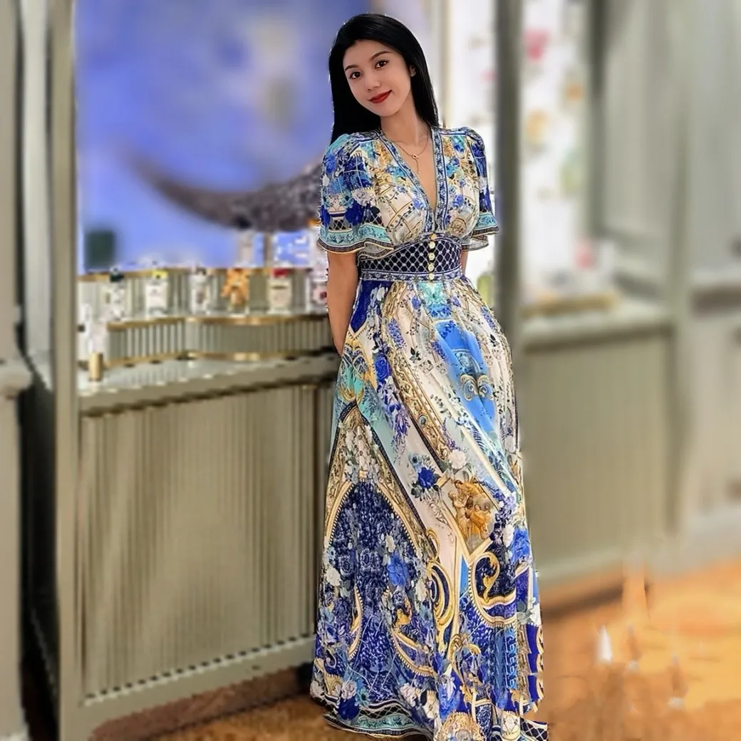 

2024 Light Luxury Brand New Spring Silk French Double Crease Positioning Flower Pattern Deep V-neck Slim-fit Long Skirt Dress