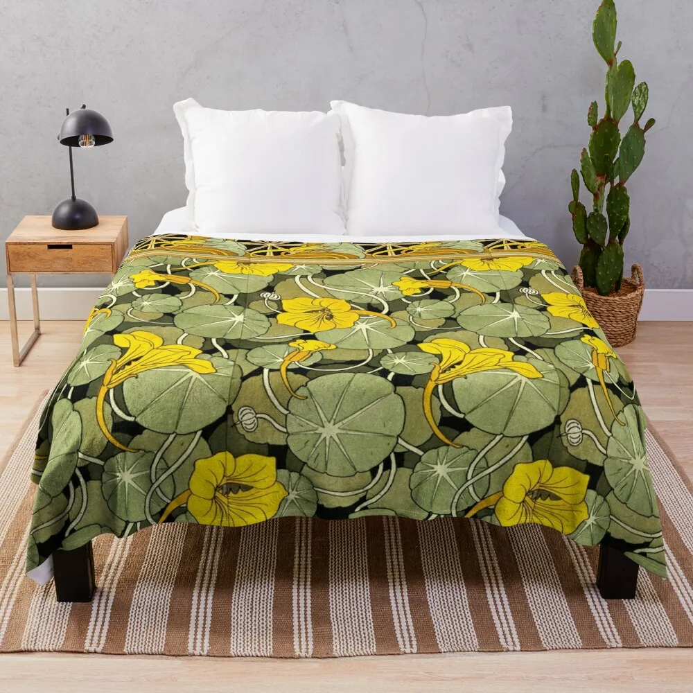 

GOLD YELLOW NASTURTIUM FLOWERS,GREEN LEAVES Art Nouveau Floral Throw Blanket Thins Flannel Stuffeds Blankets