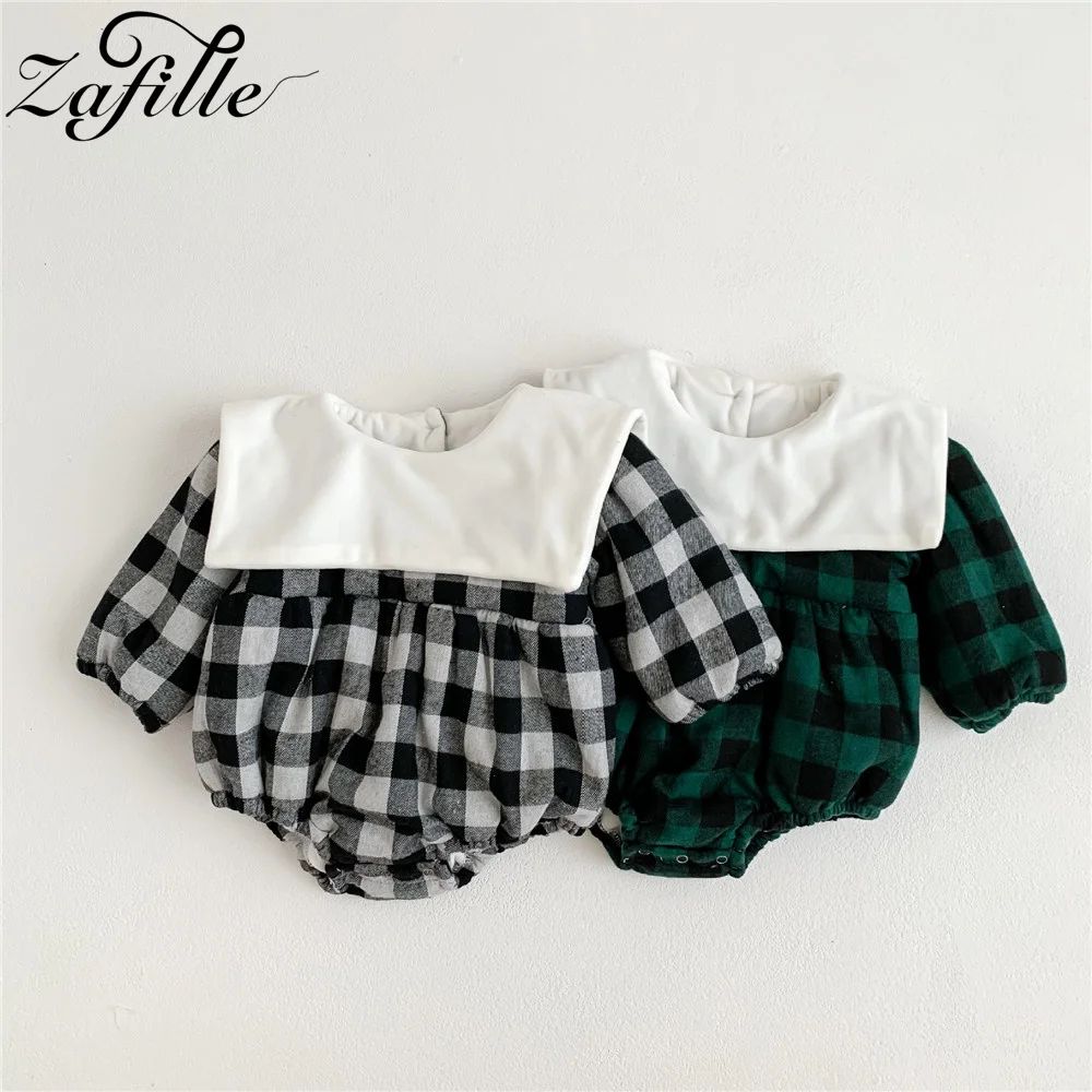 

ZAFILLE Korean Academy Style Newborn Bodysuit Winter Kids Girls Jumpsuit Clothing Plaid Overalls For Children's Warm Outwears