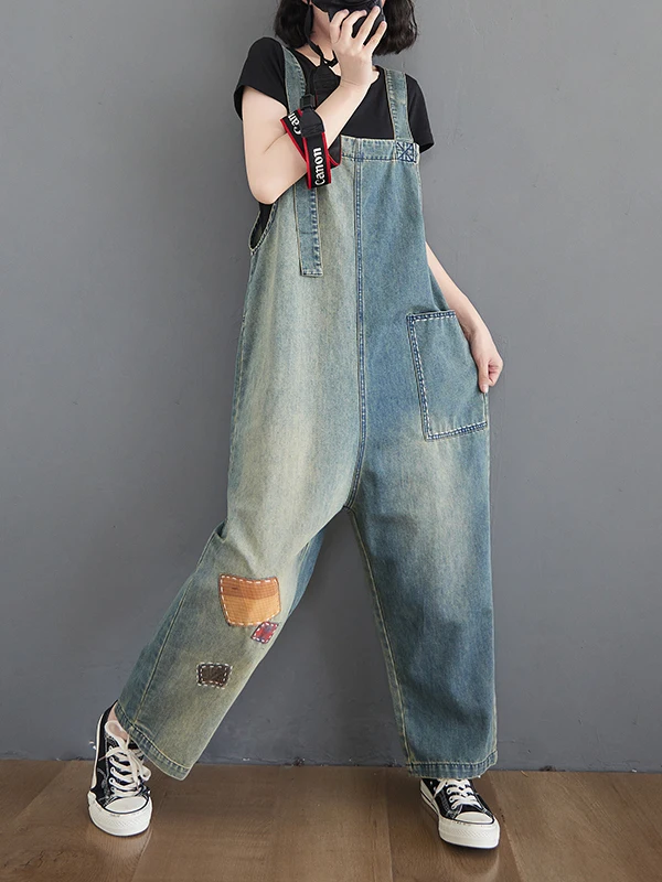 

Retro Denim Overalls Women's Spring Autumn plus Size Conceal Meat Slimming Long Pants High Waist Regular Thin Deep Color