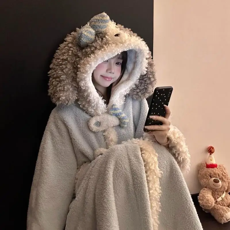 

Женская ночная рубашка, милая утепленная теплая одежда для дома, студентка, весна-осень-зима, большие размеры, домашняя одежда с капюшоном и героями мультфильмов