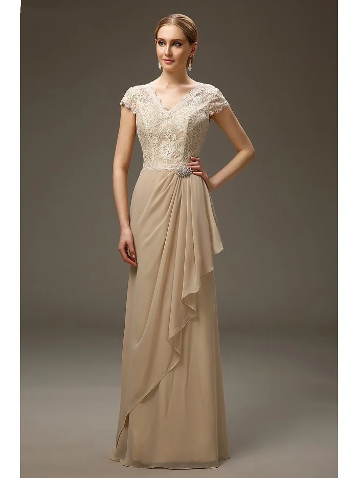 

Champagne Mother Of The Bride Dresses V-Neck Cap Sleeves A-line Chiffon Lace Long Elegant Groom Mother Evening Gowns For Wedding