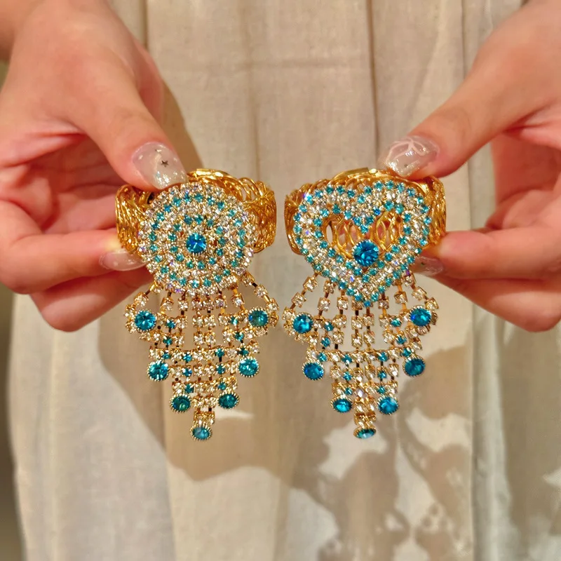 Bohemian Blue Crystal Tassel Bracelet For Women Ethnic Shiny Rhinestone Love Heart Round Geometric Bangles Party Wedding Jewelry